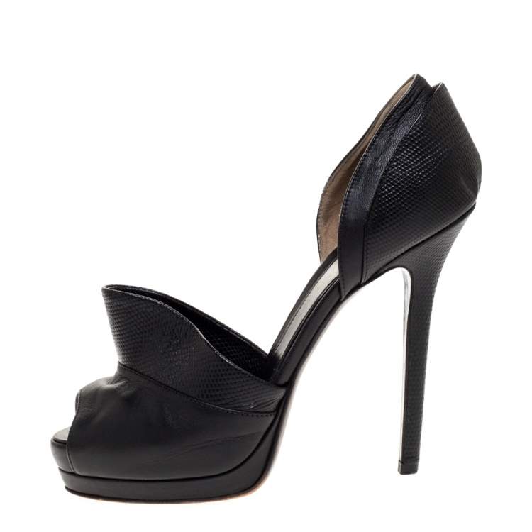 Pre Owned Fendi Black Leather And Lizard Print Anemone D'orsay Peep Toe Platform Pumps Size 38.5