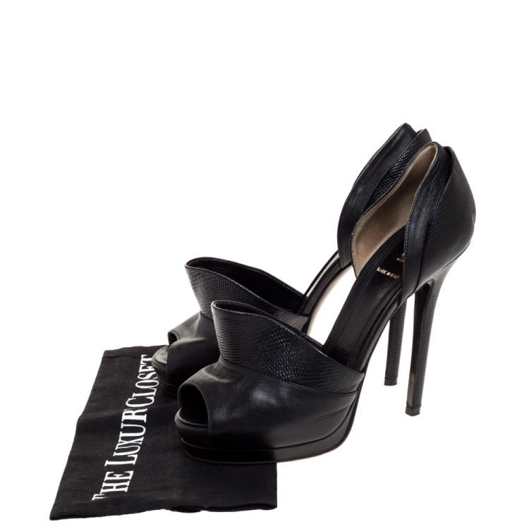 Pre Owned Fendi Black Leather And Lizard Print Anemone D'orsay Peep Toe Platform Pumps Size 38.5