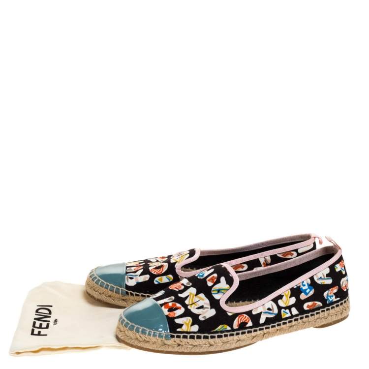 Pre Owned Fendi Multicolor Logo Canvas and Patent Leather Espadrilles Size 39