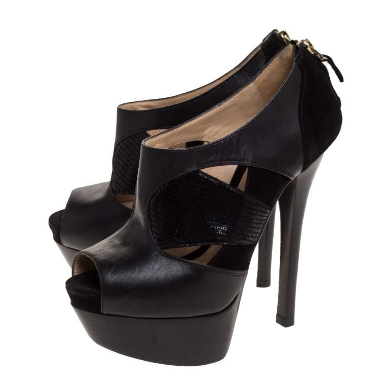 مملوكة مسبقًا Fendi Black Suede and Leather Cut-out Peep Toe Platform Booties Size 35