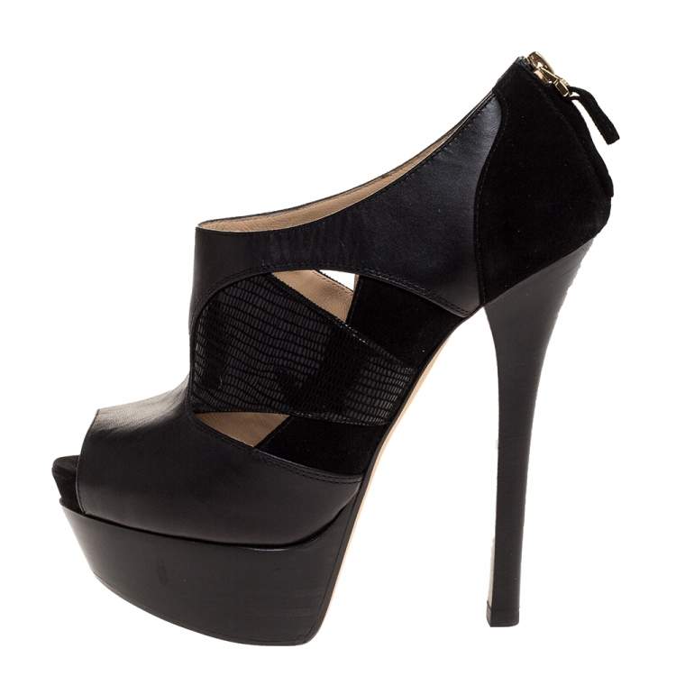 مملوكة مسبقًا Fendi Black Suede and Leather Cut-out Peep Toe Platform Booties Size 35
