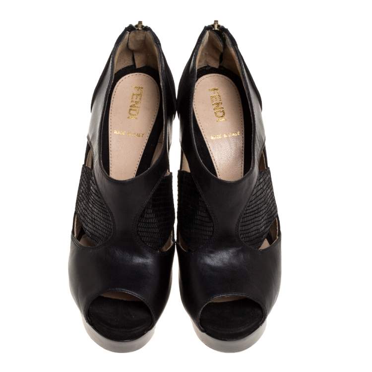 مملوكة مسبقًا Fendi Black Suede and Leather Cut-out Peep Toe Platform Booties Size 35