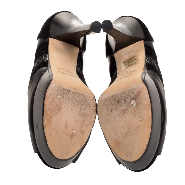 مملوكة مسبقًا Fendi Black Suede and Leather Cut-out Peep Toe Platform Booties Size 35