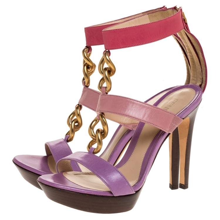 Pre Owned Fendi Tricolor Leather Chain Link Embellished Platform Sandals Size 37