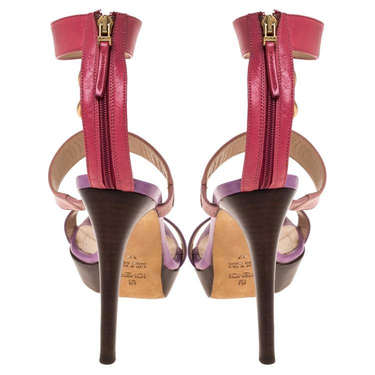 Pre Owned Fendi Tricolor Leather Chain Link Embellished Platform Sandals Size 37