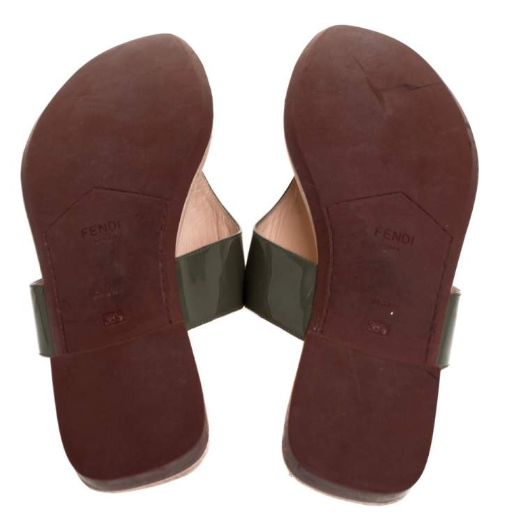 Pre Owned Fendi Green Patent Leather Penny And Spike Embellished Thong Sandals Size 38.5