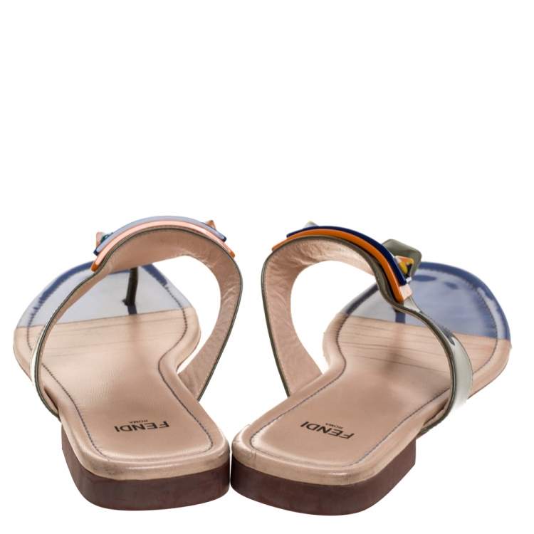 Pre Owned Fendi Green Patent Leather Penny And Spike Embellished Thong Sandals Size 38.5
