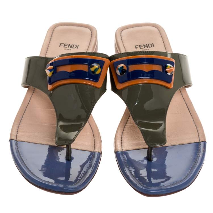 Pre Owned Fendi Green Patent Leather Penny And Spike Embellished Thong Sandals Size 38.5