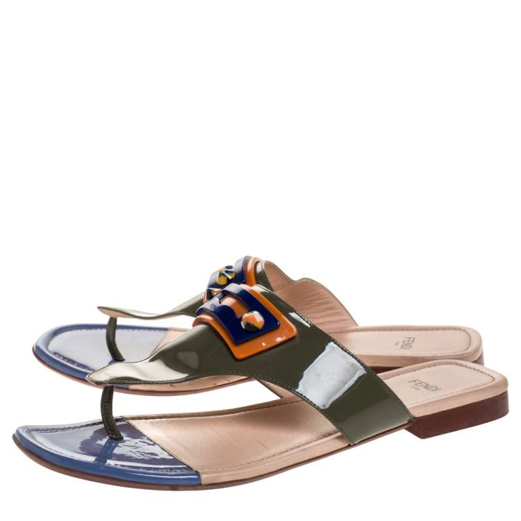 Pre Owned Fendi Green Patent Leather Penny And Spike Embellished Thong Sandals Size 38.5