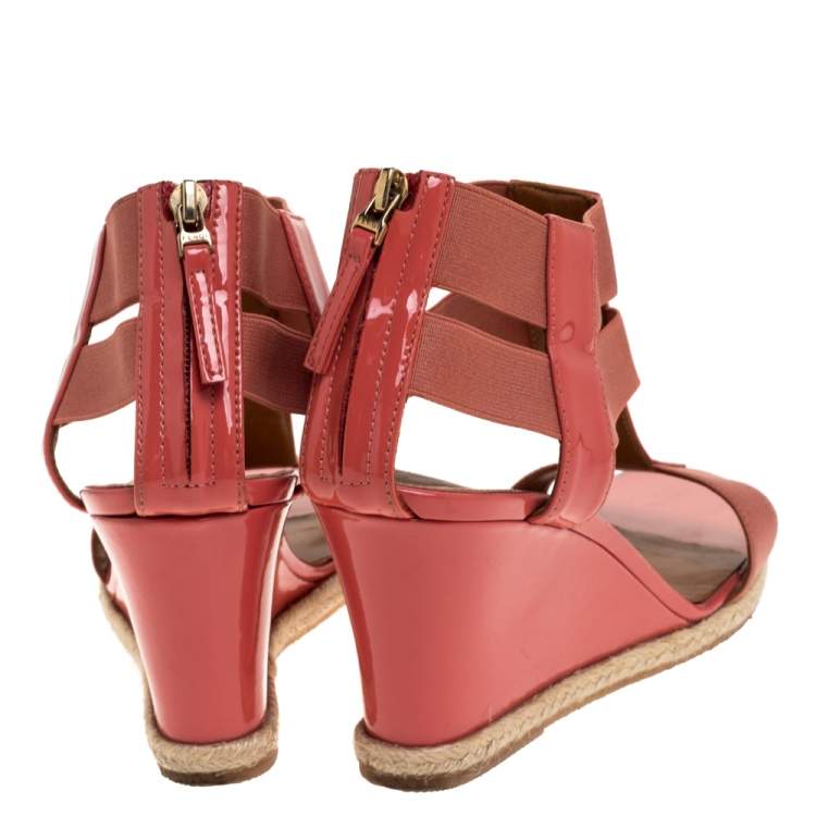 Pre Owned Fendi Coral Patent Leather And Elastic Fabric T-Strap Espadrille Wedge Sandals Size 37