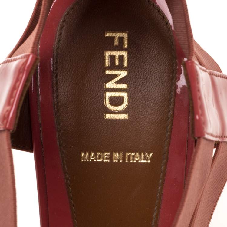 Pre Owned Fendi Coral Patent Leather And Elastic Fabric T-Strap Espadrille Wedge Sandals Size 37