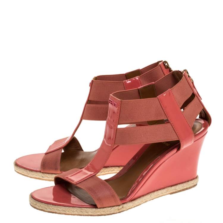 Pre Owned Fendi Coral Patent Leather And Elastic Fabric T-Strap Espadrille Wedge Sandals Size 37