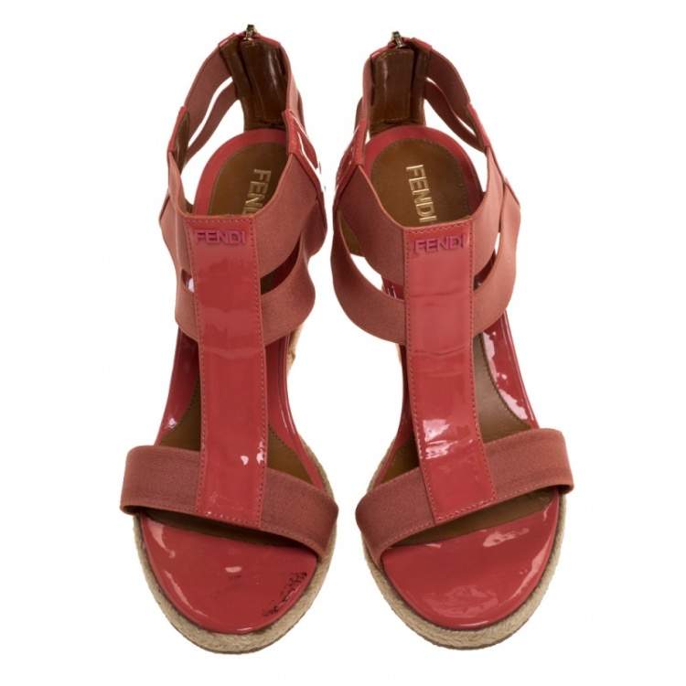Pre Owned Fendi Coral Patent Leather And Elastic Fabric T-Strap Espadrille Wedge Sandals Size 37