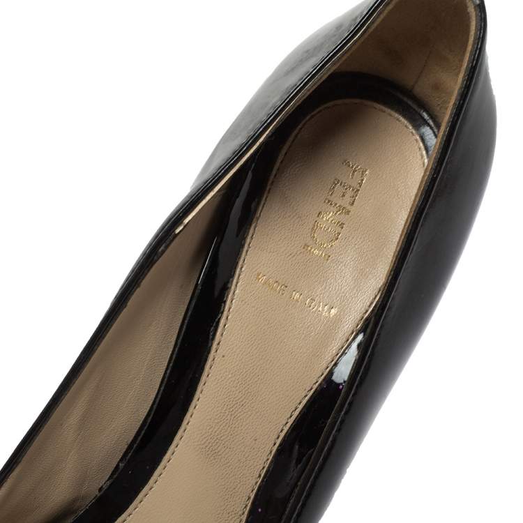 Pre Owned Fendi Black Patent Leather Bow Peep Toe Platform Pumps Size 36