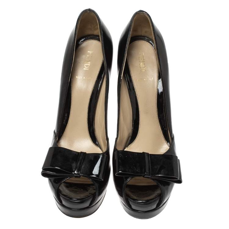 Pre Owned Fendi Black Patent Leather Bow Peep Toe Platform Pumps Size 36