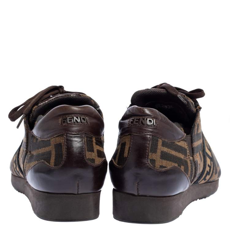 Pre Owned Fendi Tobacco Zucca Canvas and Leather Trim Low Top Sneakers Size 37