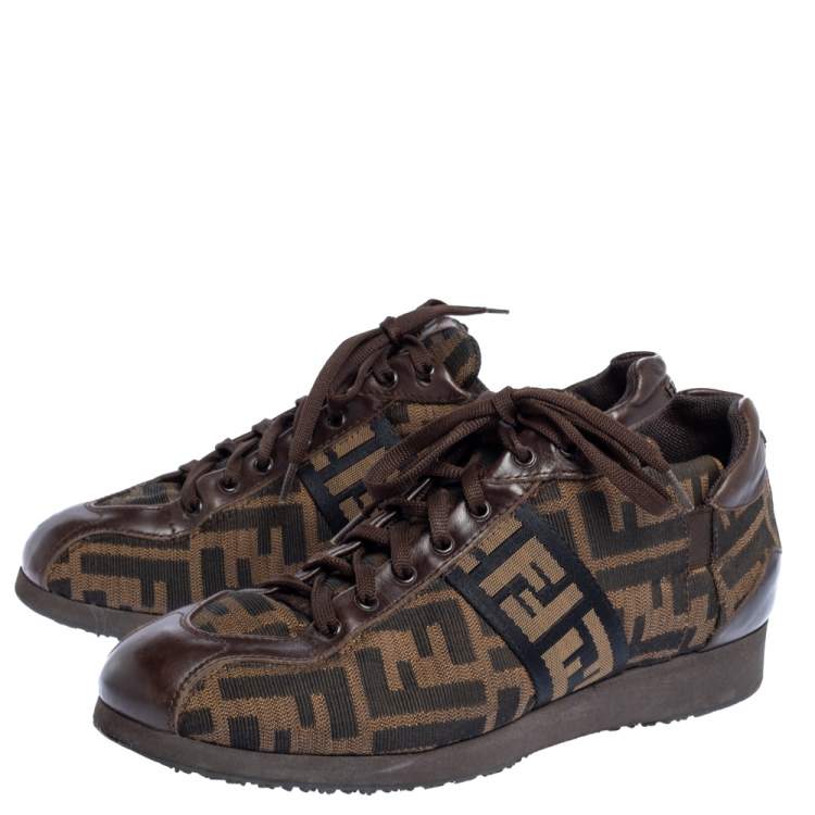 Pre Owned Fendi Tobacco Zucca Canvas and Leather Trim Low Top Sneakers Size 37