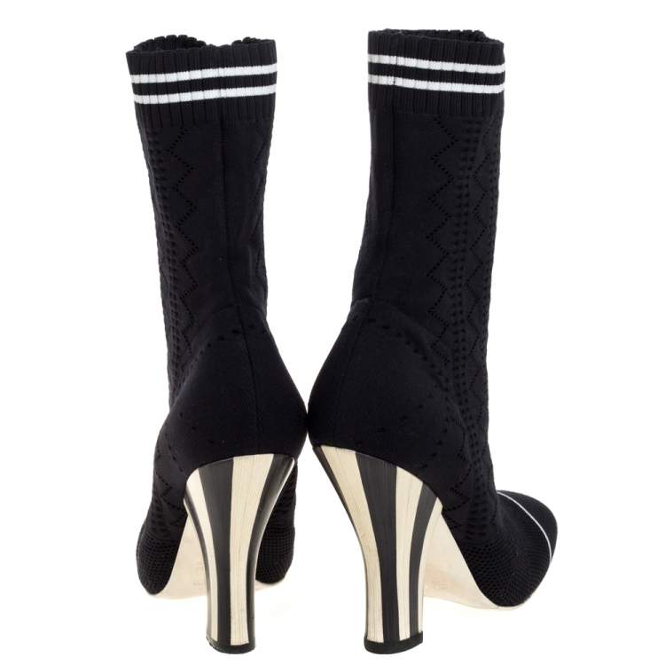 Pre Owned Fendi Black Knit Fabric Rockoko Runway Openwork Ankle Boots Size 38