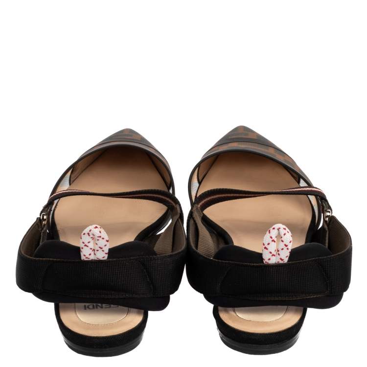 Pre Owned Fendi Black/Brown Zucca Mesh Colibri Slingback Flat Sandals Size 40