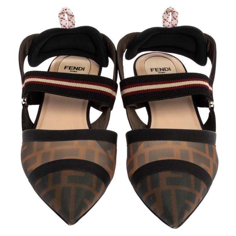 Pre Owned Fendi Black/Brown Zucca Mesh Colibri Slingback Flat Sandals Size 40