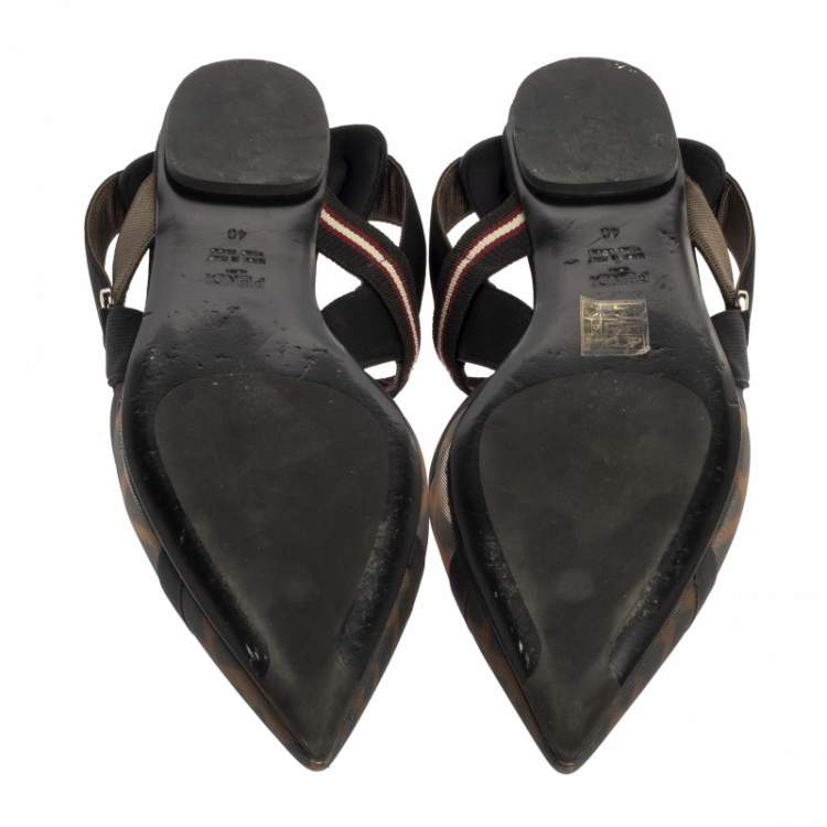 Pre Owned Fendi Black/Brown Zucca Mesh Colibri Slingback Flat Sandals Size 40