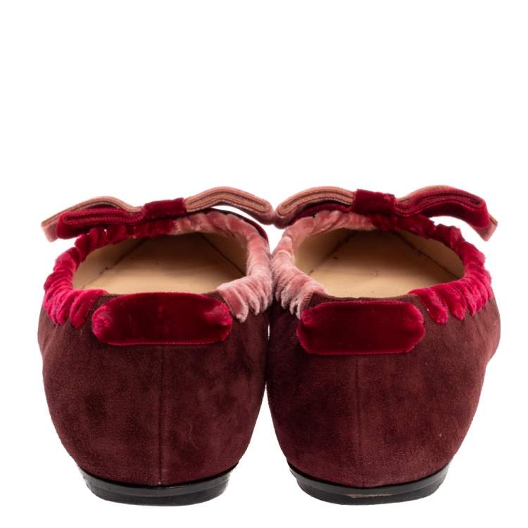 مملوكة مسبقًا Fendi Burgundy Suede And Velvet Ribbon Stitch And Bow Detail Pointed Toe Ballet Flats Size 37