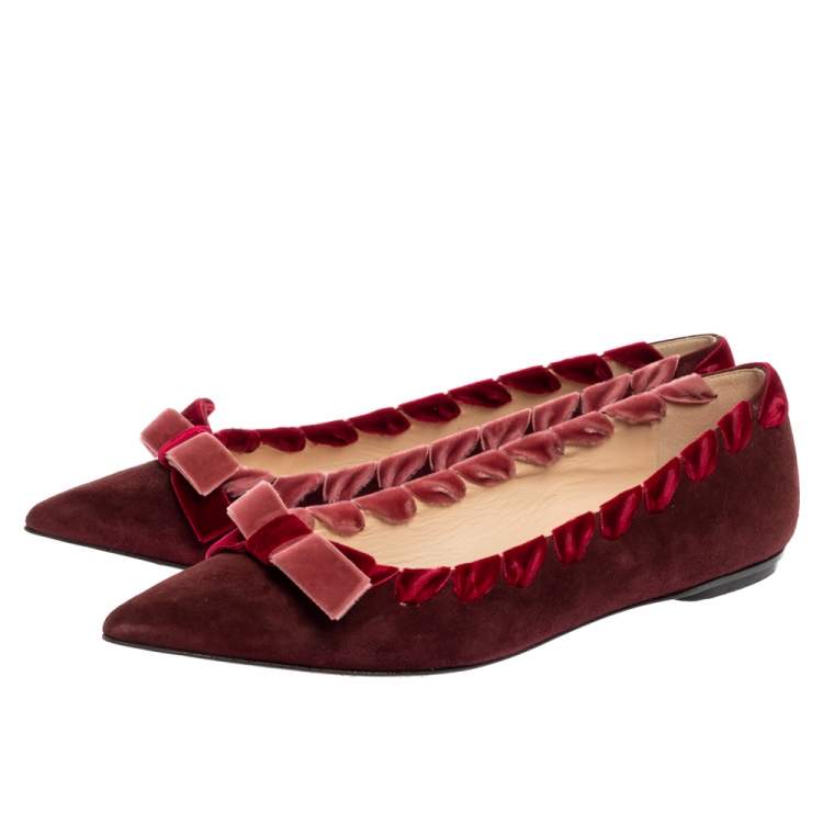مملوكة مسبقًا Fendi Burgundy Suede And Velvet Ribbon Stitch And Bow Detail Pointed Toe Ballet Flats Size 37