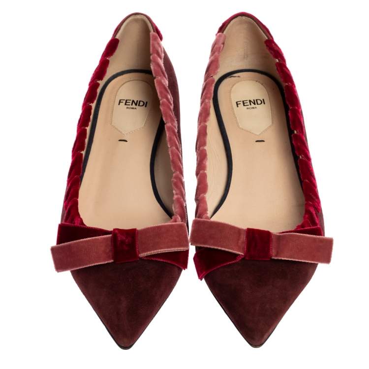 مملوكة مسبقًا Fendi Burgundy Suede And Velvet Ribbon Stitch And Bow Detail Pointed Toe Ballet Flats Size 37