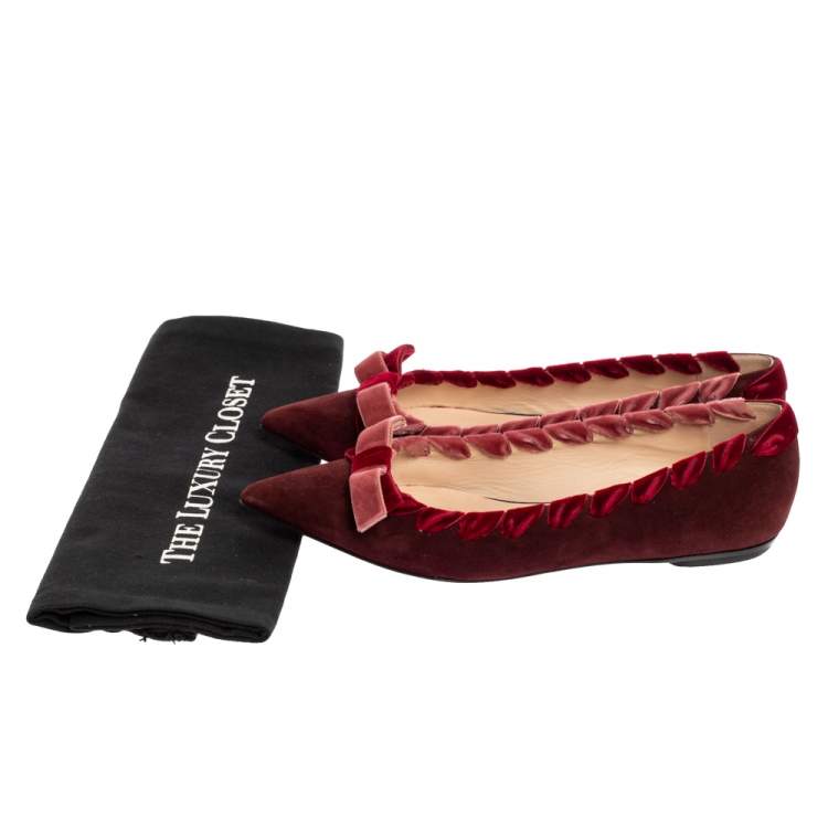 مملوكة مسبقًا Fendi Burgundy Suede And Velvet Ribbon Stitch And Bow Detail Pointed Toe Ballet Flats Size 37