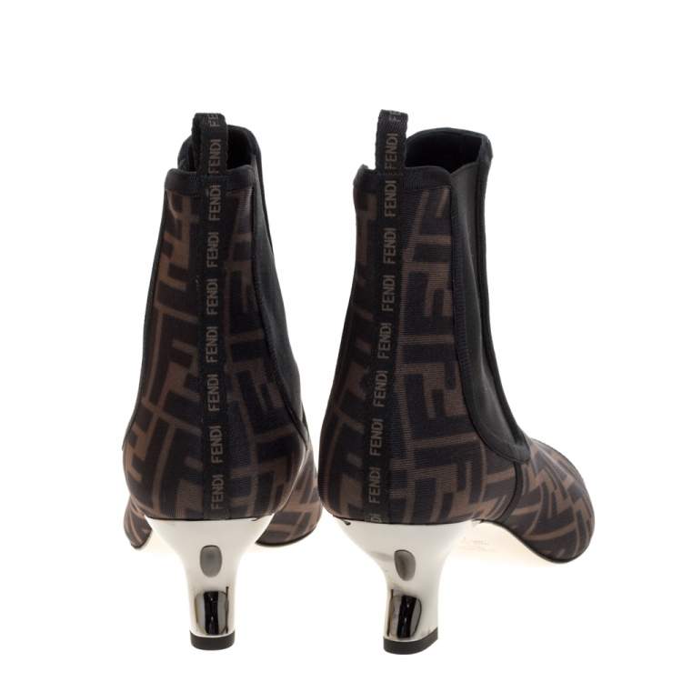 Pre Owned Fendi Brown/Black Zucca Mesh Colibri Pointed Toe Ankle Boots Size 41