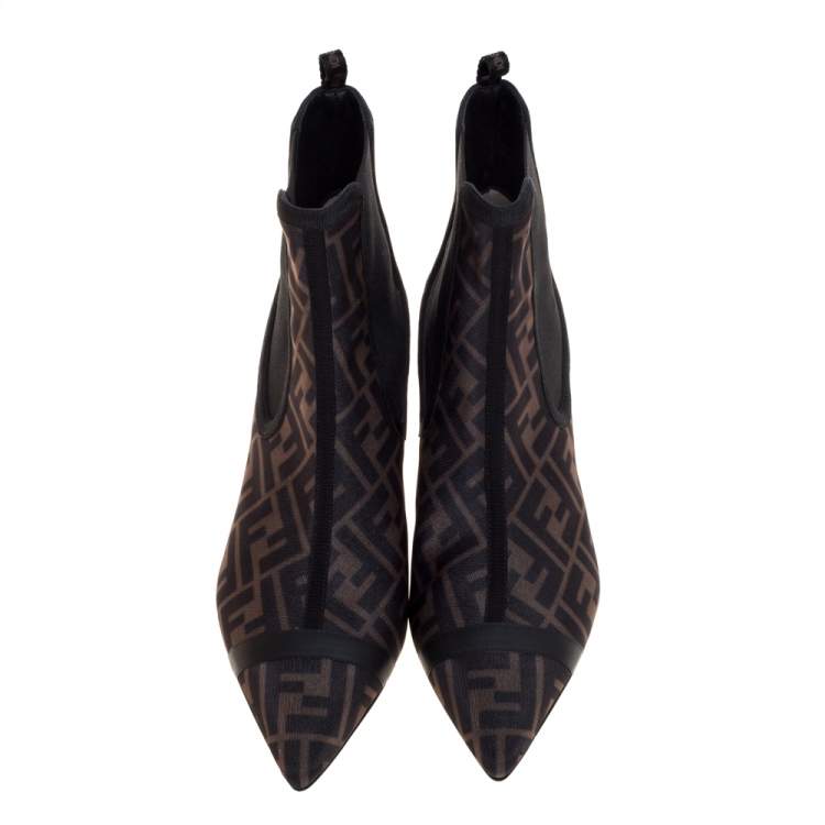Pre Owned Fendi Brown/Black Zucca Mesh Colibri Pointed Toe Ankle Boots Size 41