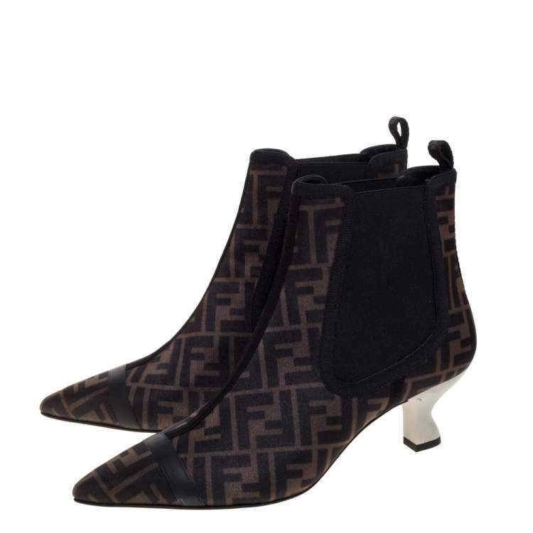 Pre Owned Fendi Brown/Black Zucca Mesh Colibri Pointed Toe Ankle Boots Size 41