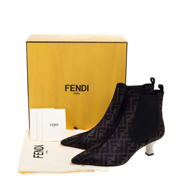 Pre Owned Fendi Brown/Black Zucca Mesh Colibri Pointed Toe Ankle Boots Size 41