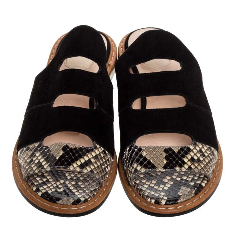 Pre Owned Fendi Black Suede And Python Cut Out Flat Slides Size 36