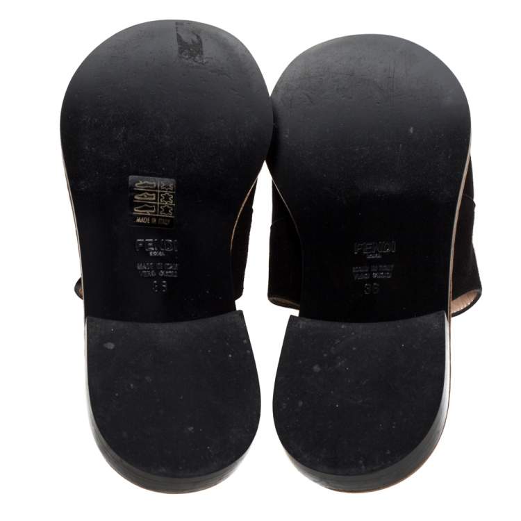 Pre Owned Fendi Black Suede And Python Cut Out Flat Slides Size 36