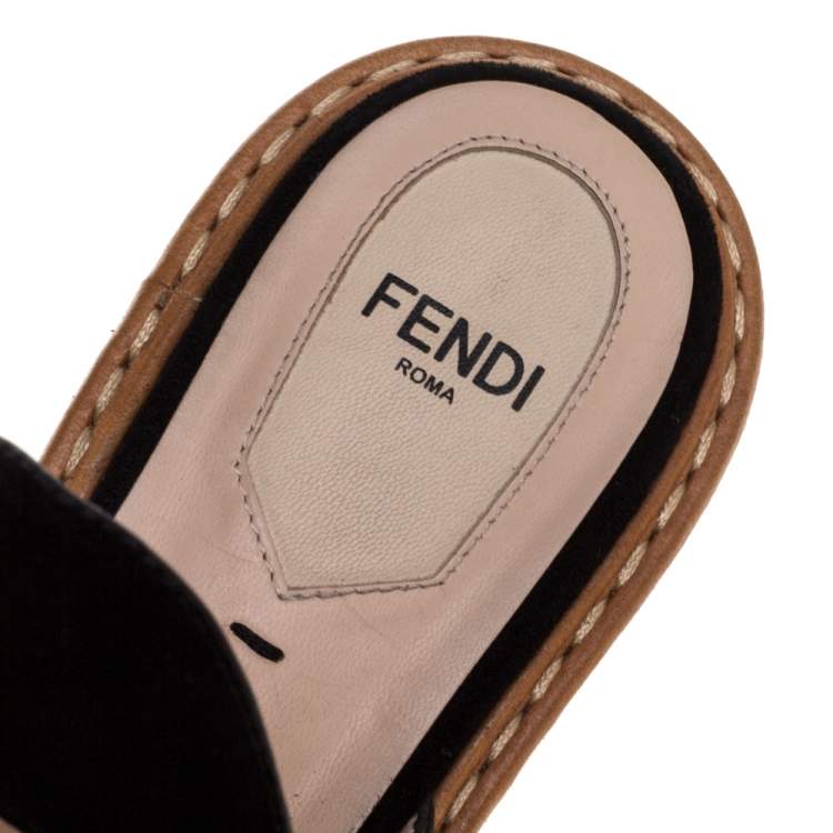 Pre Owned Fendi Black Suede And Python Cut Out Flat Slides Size 36