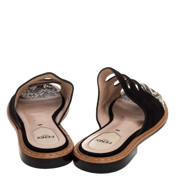 Pre Owned Fendi Black Suede And Python Cut Out Flat Slides Size 36