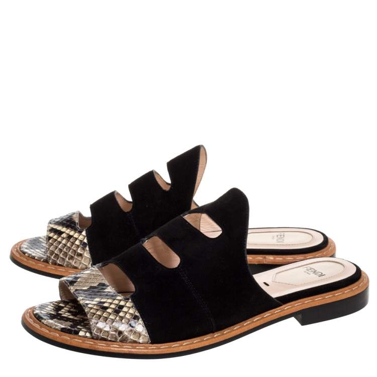 Pre Owned Fendi Black Suede And Python Cut Out Flat Slides Size 36