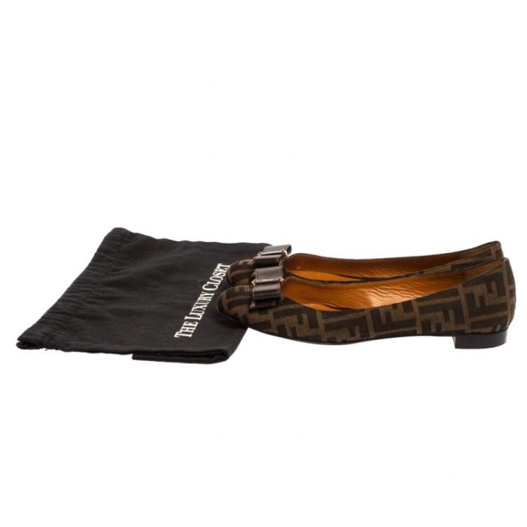 Pre Owned Fendi Tobacco Zucca Canvas and Leather Bow Detail Ballet Flats Size 41