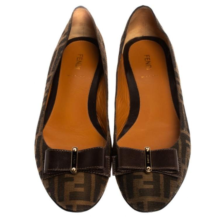Pre Owned Fendi Tobacco Zucca Canvas and Leather Bow Detail Ballet Flats Size 41
