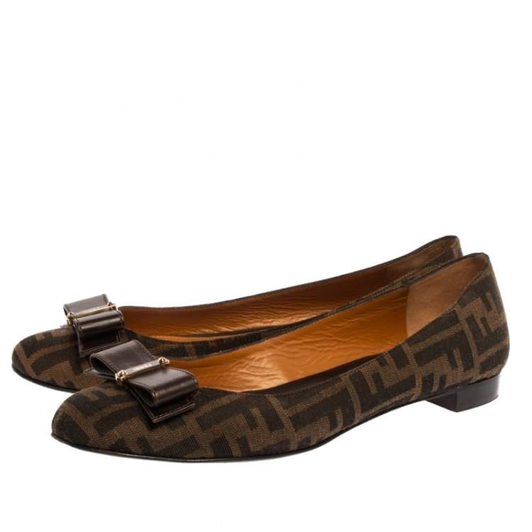 Pre Owned Fendi Tobacco Zucca Canvas and Leather Bow Detail Ballet Flats Size 41