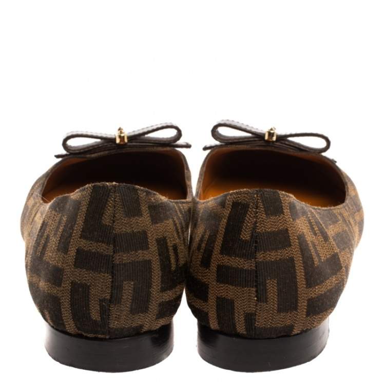 Pre Owned Fendi Tobacco Zucca Canvas and Leather Bow Detail Ballet Flats Size 41