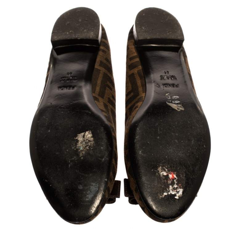 Pre Owned Fendi Tobacco Zucca Canvas and Leather Bow Detail Ballet Flats Size 41