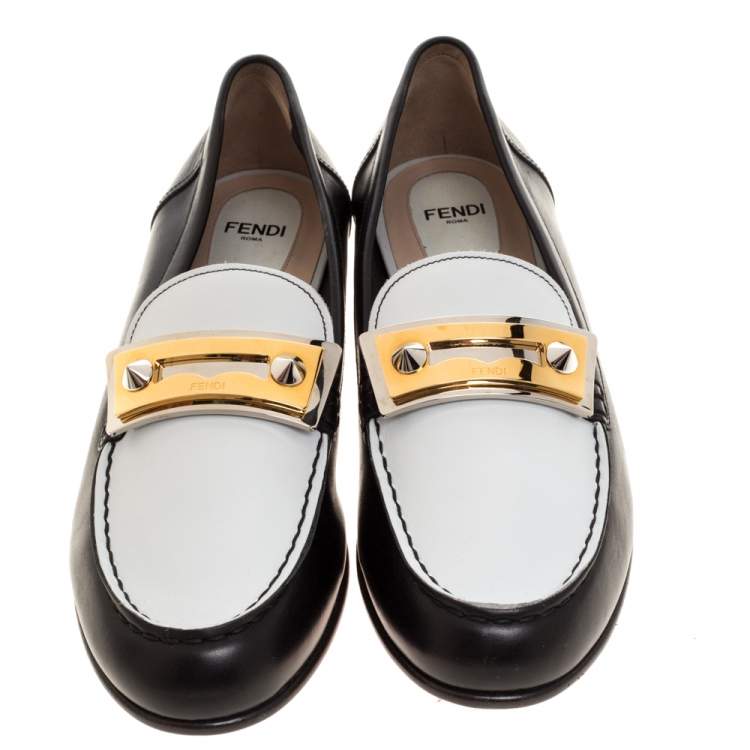 Pre Owned Fendi Black/White Leather Rachel Penny Loafers Size 38.5