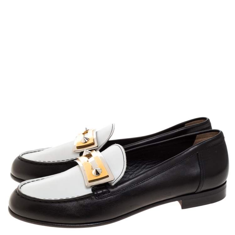 Pre Owned Fendi Black/White Leather Rachel Penny Loafers Size 38.5