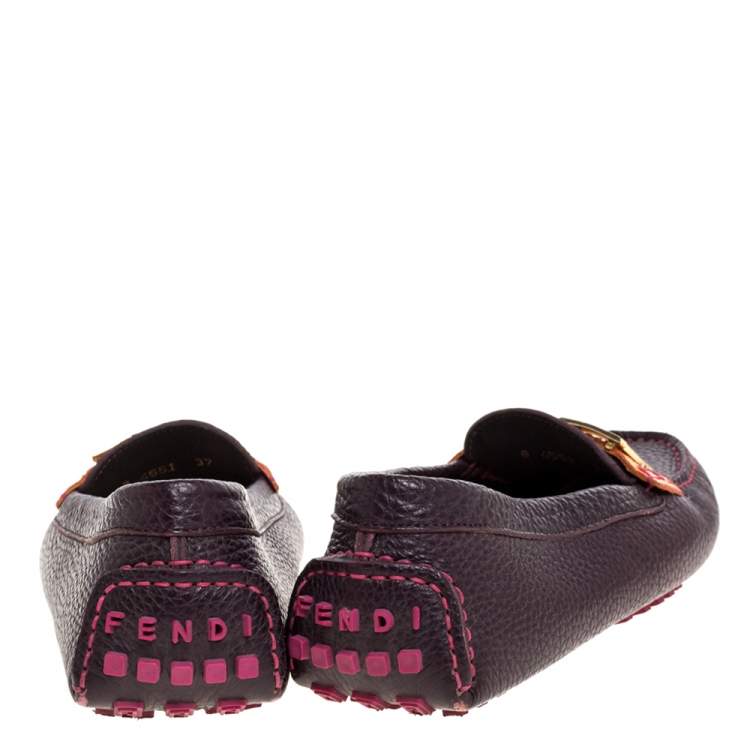 Pre Owned Fendi Burgundy Textured Leather FF Logo Loafers Size 37