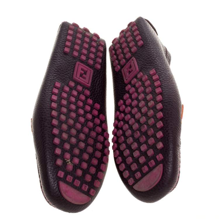 Pre Owned Fendi Burgundy Textured Leather FF Logo Loafers Size 37