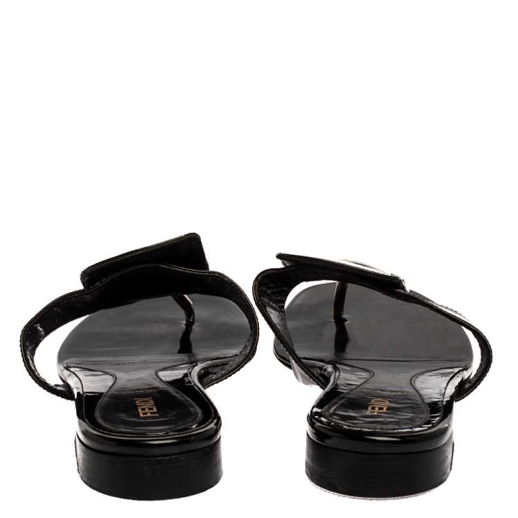 Pre Owned Fendi Black Patent Leather Thong Flats Size 40