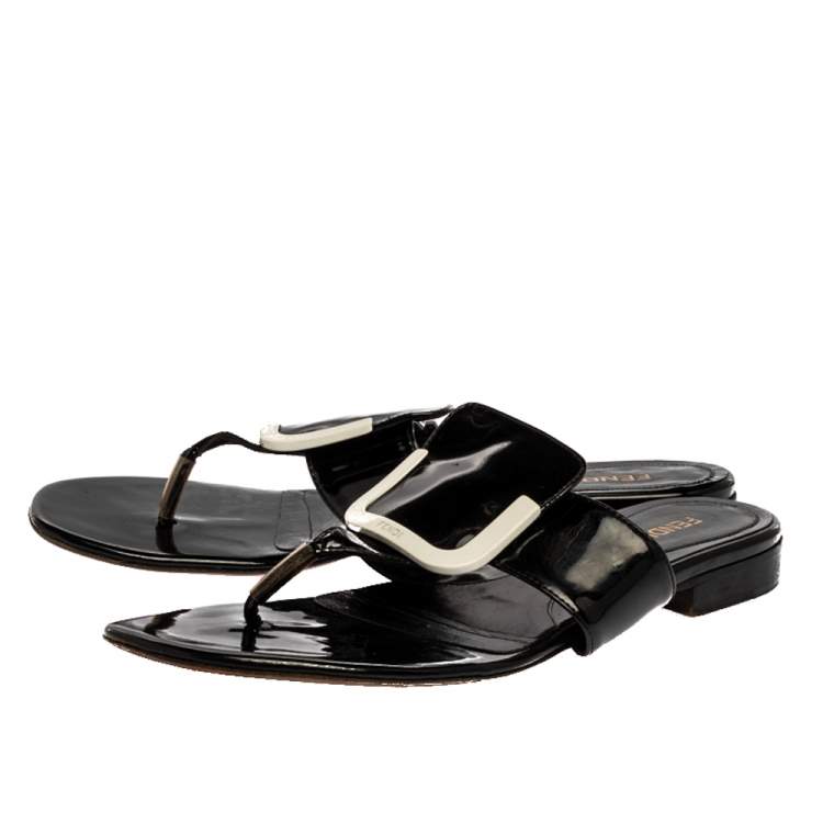Pre Owned Fendi Black Patent Leather Thong Flats Size 40