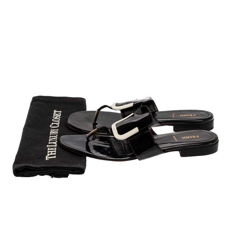 Pre Owned Fendi Black Patent Leather Thong Flats Size 40